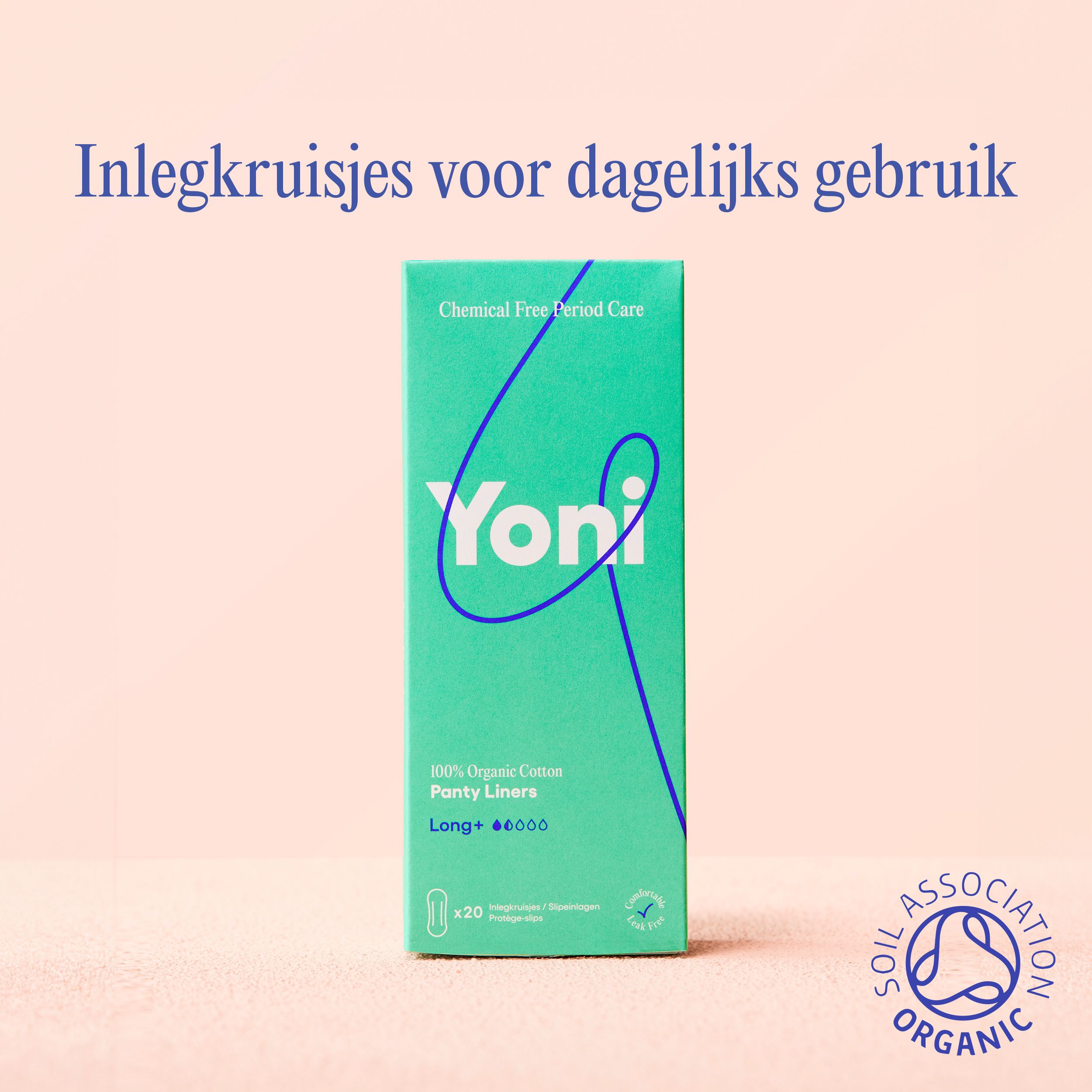Groene verpakking met wit Yoni-logo. Tekst: 100% biologisch katoen, inlegkruisjes, extra lang. 20 stuks. Gecertificeerd.