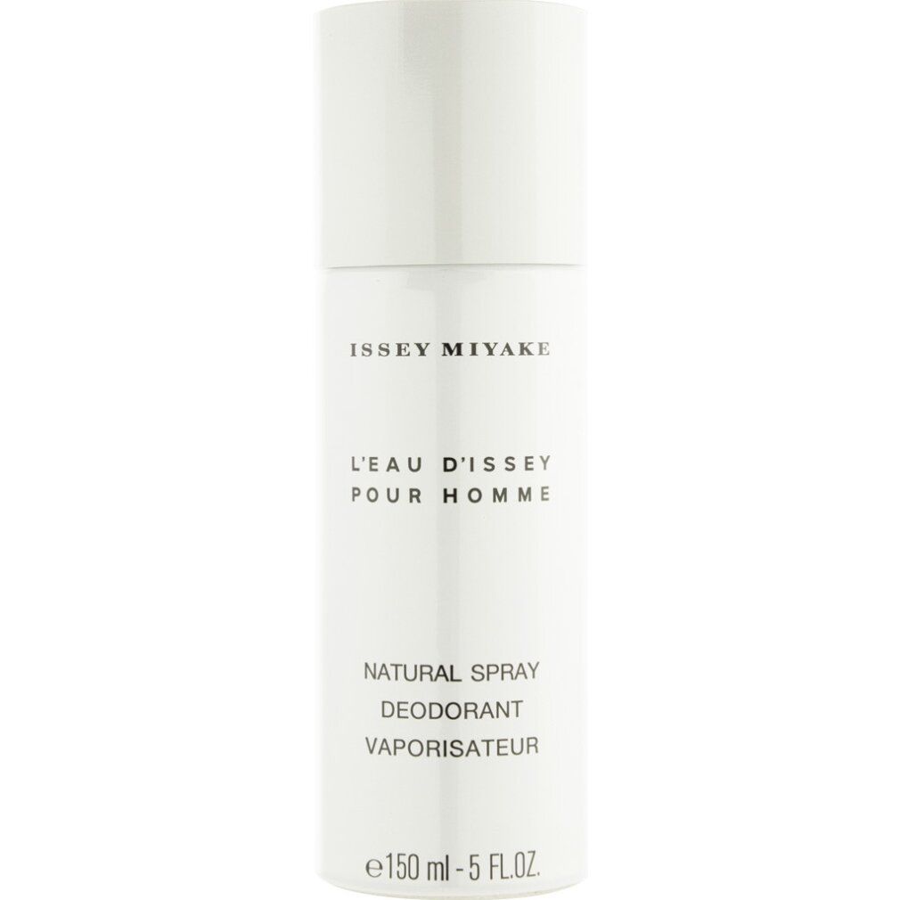 Spray déodorant Issey Miyake. Flacon blanc avec texte noir. Nom du produit et description.