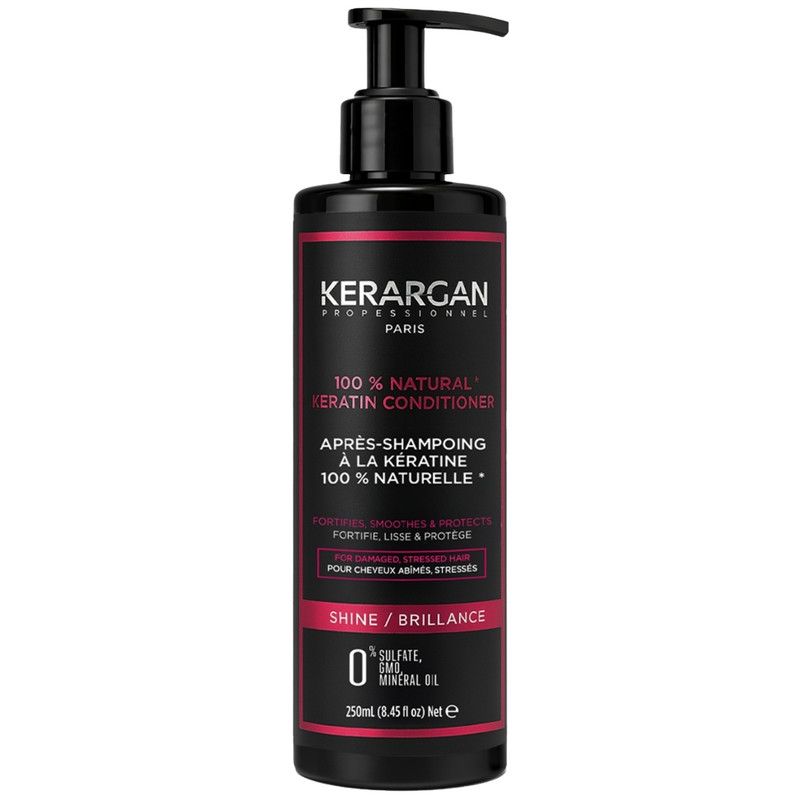 Zwarte fles met zwarte pomp. Opschrift: Kerargan, 100% Natural Keratin Conditioner. Bevat 0% sulfaat, GMO, minerale olie.