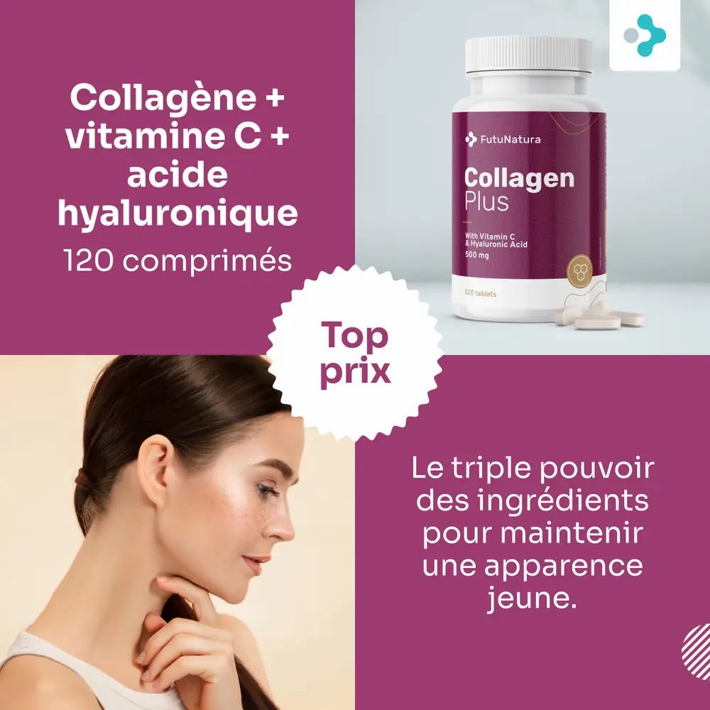 Flacon avec étiquette violette et comprimés blancs. Texte : Collagène + Vitamine C + acide hyaluronique, 120 comprimés. Femme avec peau. Texte : Top prix.