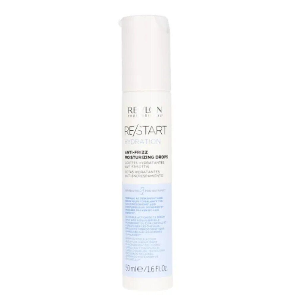 Revlon Re/Start Hydration gouttes hydratantes anti-frisottis en flacon pompe blanc.