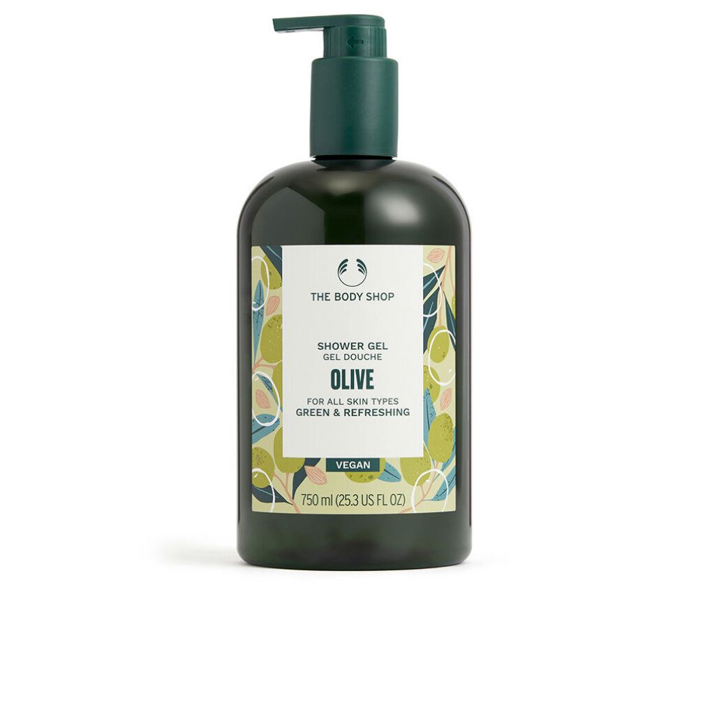 Groene fles met pomp. Label met tekst: OLIVE, douchegel, voor alle huidtypes, vegan. Merk: The Body Shop.