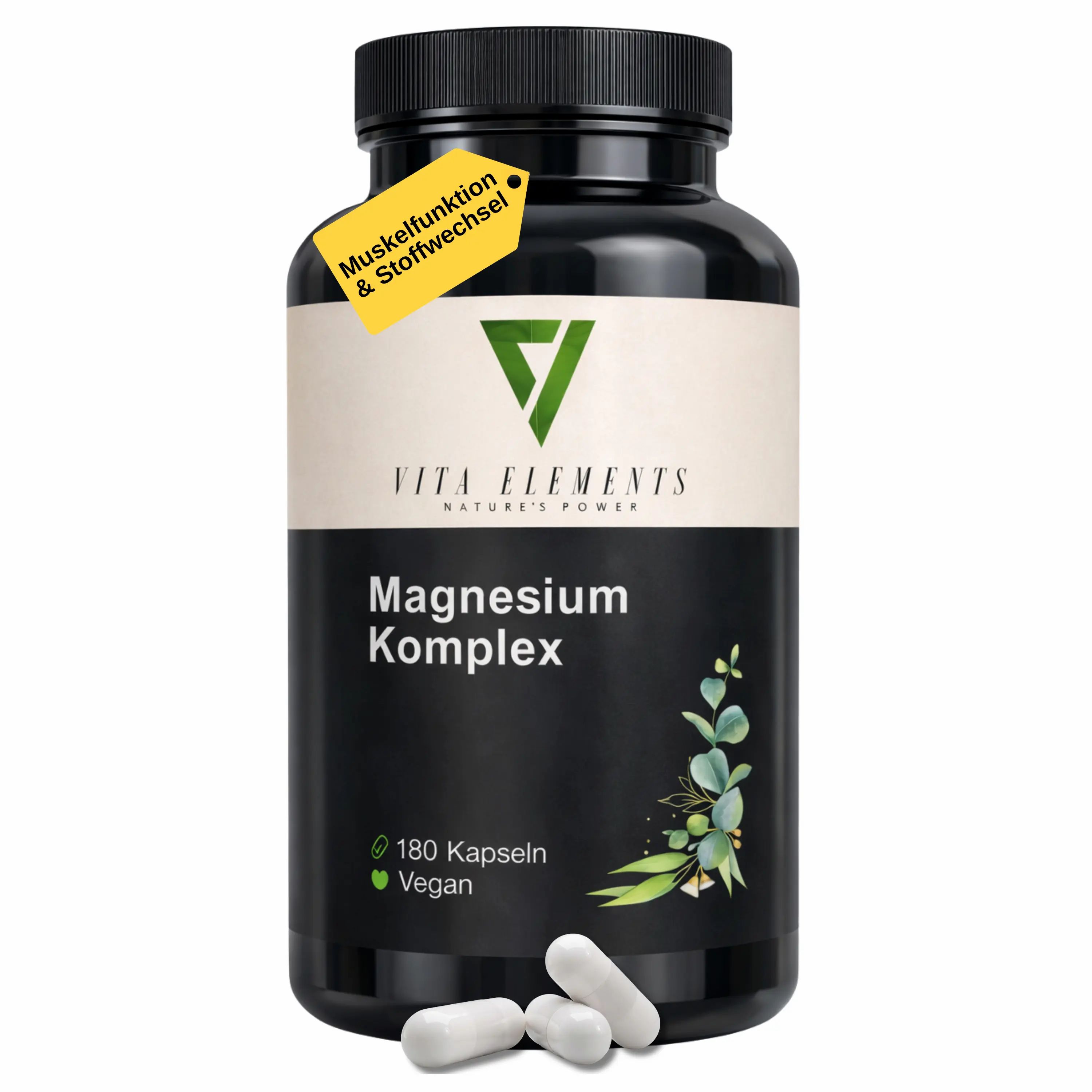Boîte noire avec capsules Vita Elements Magnesium Komplex, 180 capsules, Vegan. Étiquette jaune avec texte.