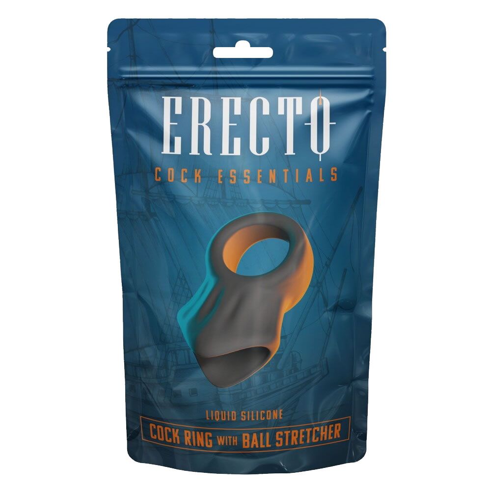 Verpakking met product. Opschrift ERECTO, Cock Essentials. Zwarte ring met oranje ring. Tekst: Liquid Silicone, Cock Ring with Ball Stretcher.