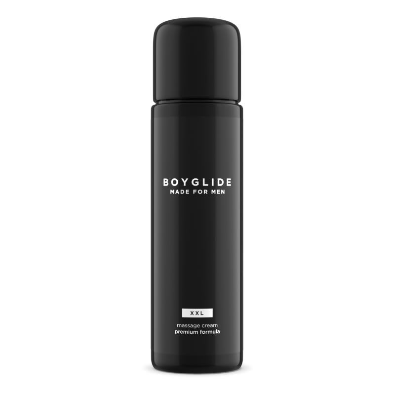 Zwarte fles met zwarte dop. Opschrift: BOYGLIDE MADE FOR MEN, XXL, massage cream premium formula.