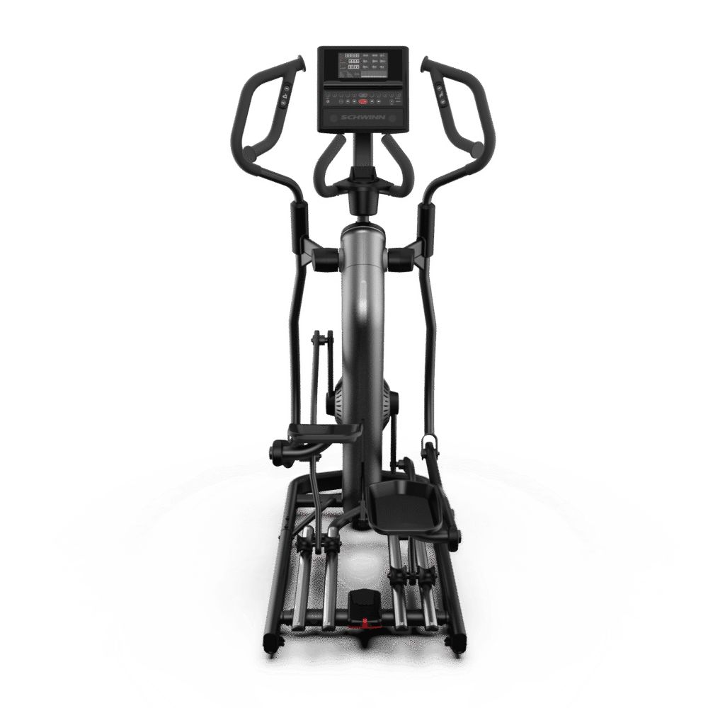 Grijs-zwarte elliptische trainer. Handgrepen, pedalen, console. Bediening en display. Voor fitnesstraining.