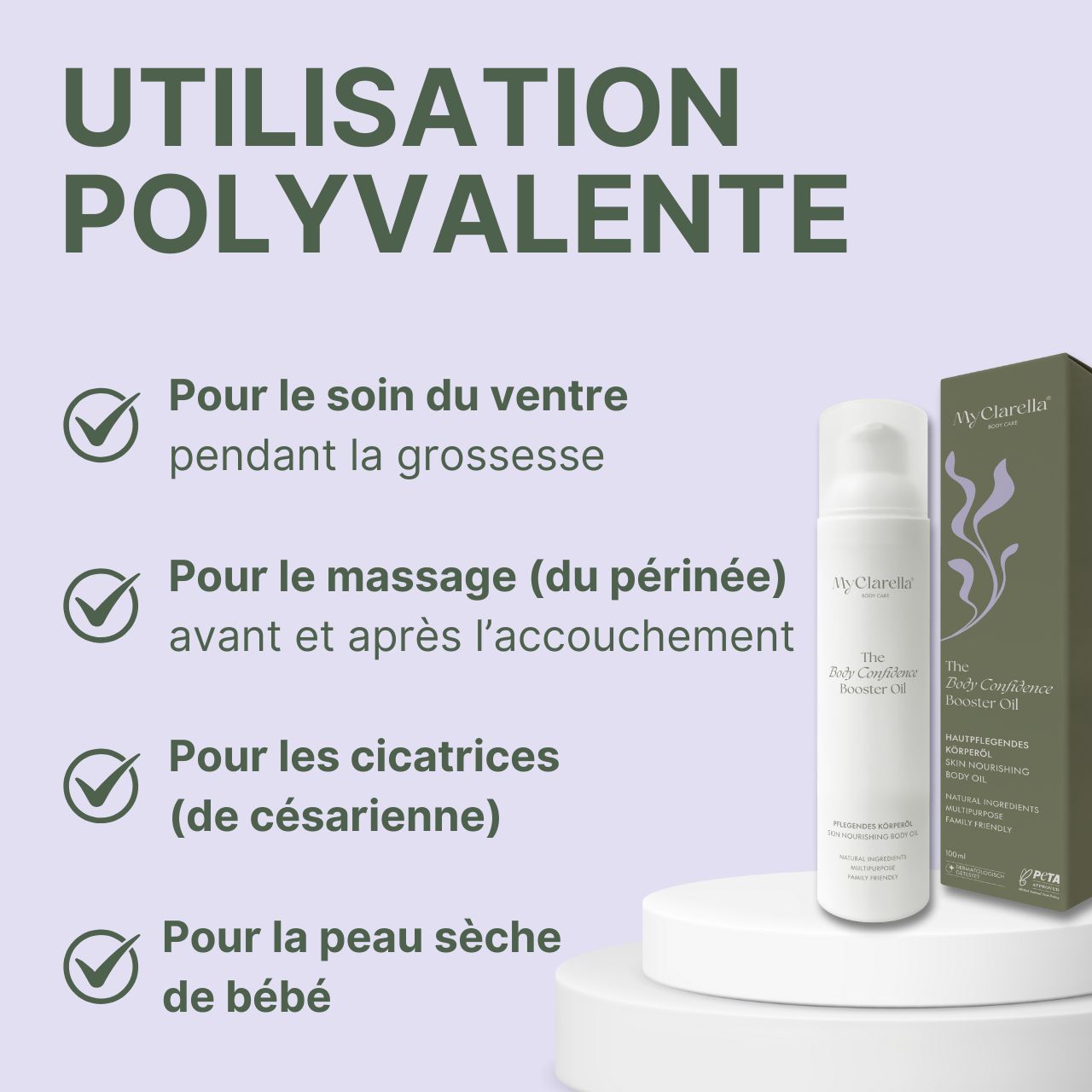 Flacon et emballage. Texte: Utilisation polyvalente. Pour ventre, massage, cicatrices, peau sèche bébé.