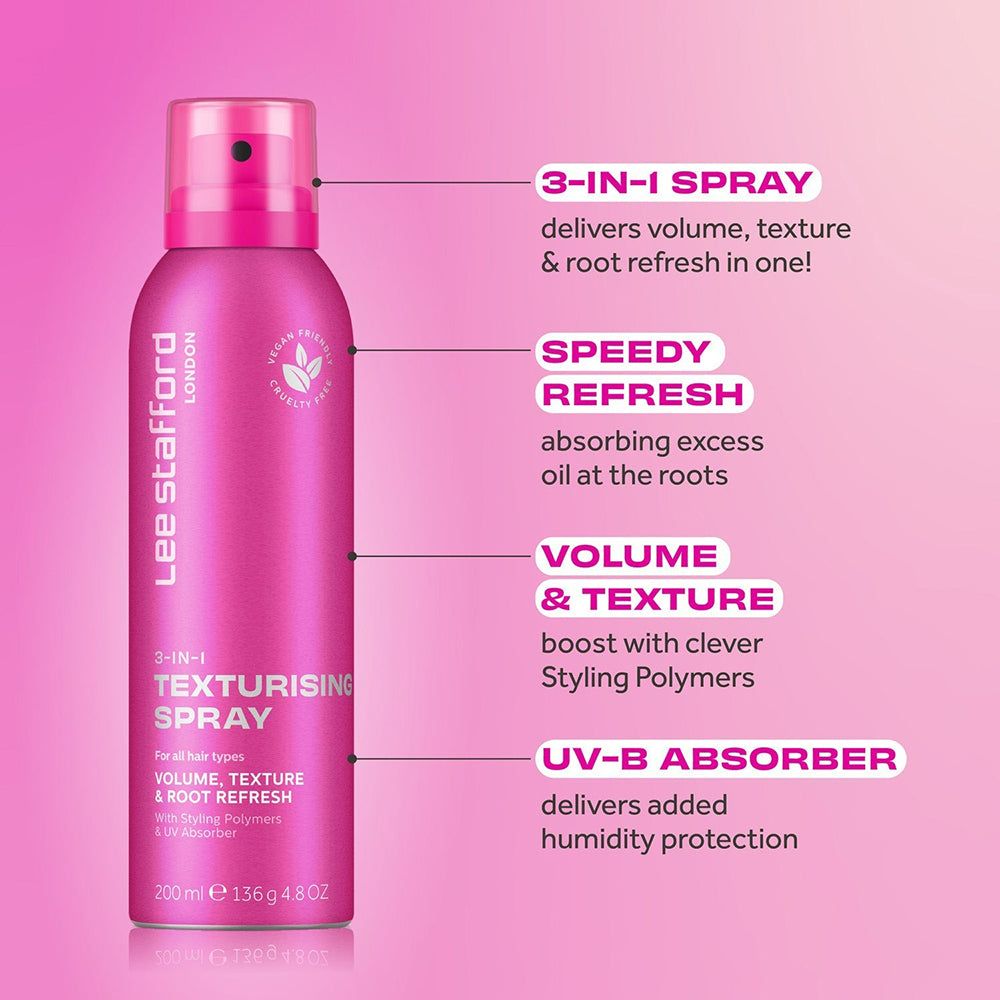 Lee Stafford 3-in-1 Texturising Spray : Volume, Texture, Root Refresh, Absorbeur UV-B.