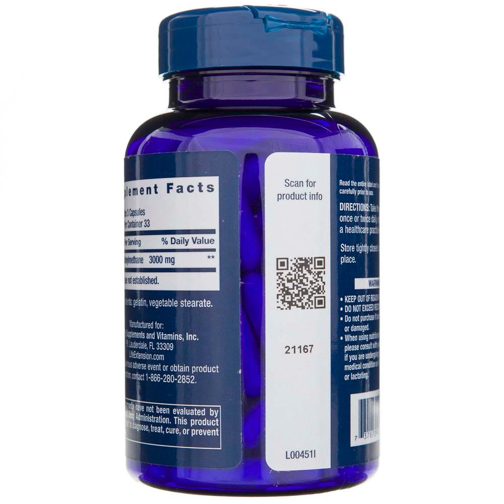 Côté de la bouteille Life Extension MSM 1000 mg avec code QR et code-barres pour les informations sur le produit.