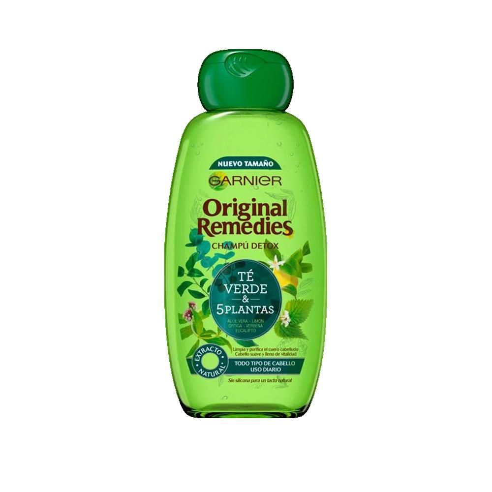 Groene shampoo fles met groene dop. Opschrift: Garnier Original Remedies Champú Detox. Bevat Té Verde & 5 plantas.