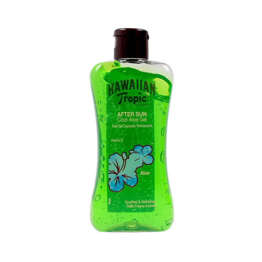 Flacon transparent avec gel vert et bouchon marron. Inscription: Hawaiian Tropic, After Sun Cool Aloe Gel. Fleur bleue.