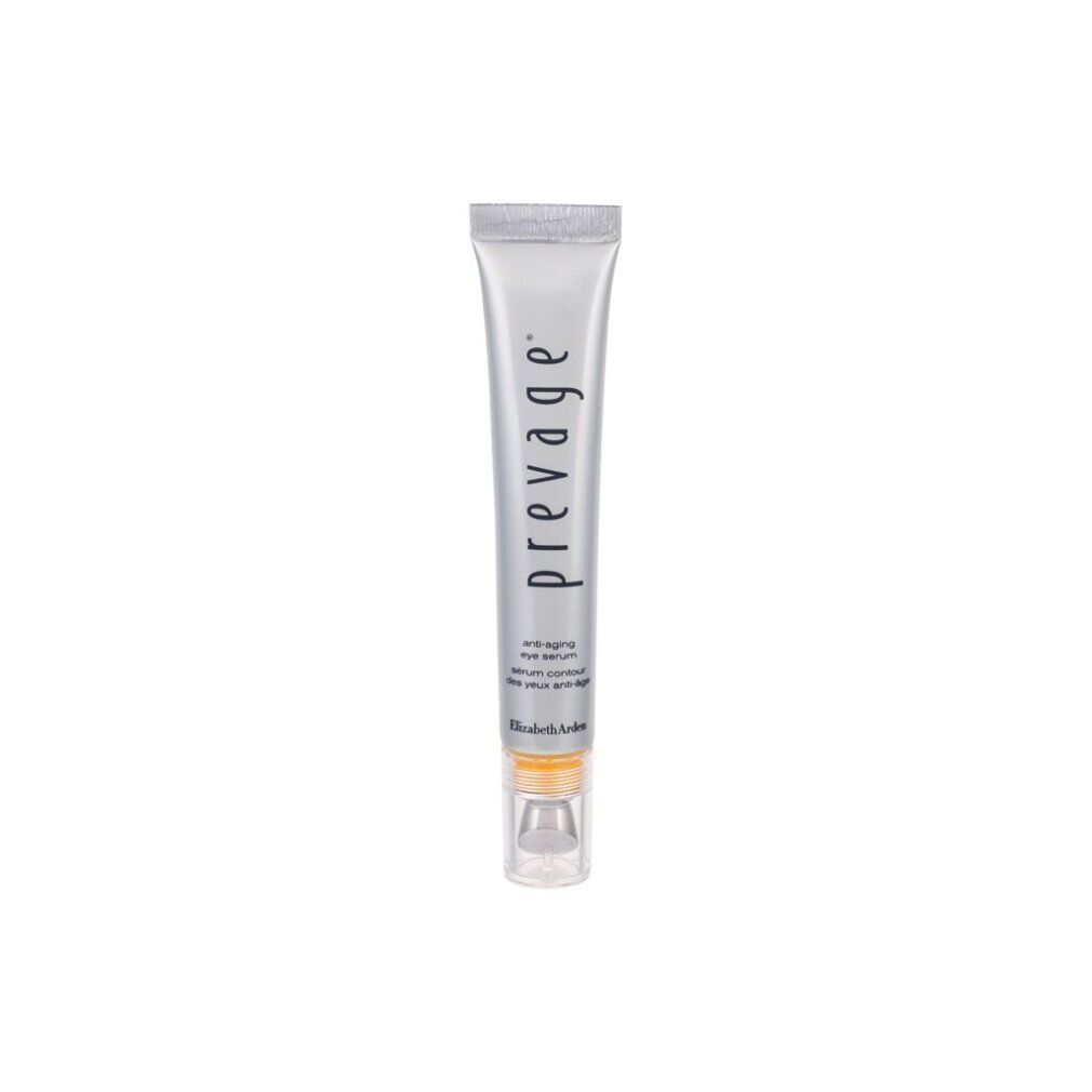 Zilveren tube met "prevage" opschrift en "anti-aging eye serum" tekst. Transparante applicator aan de onderkant.