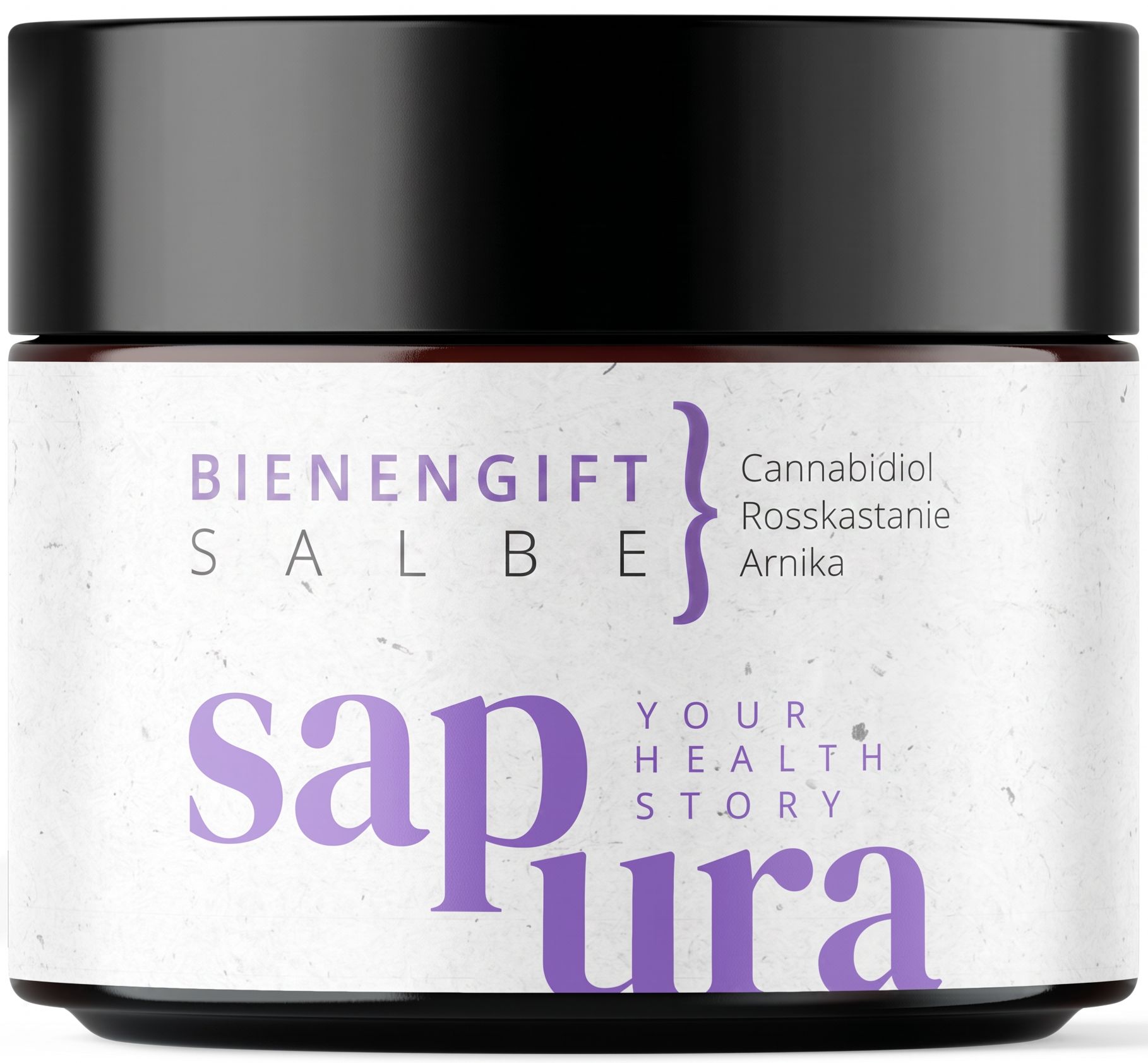 Pot de crème en verre brun avec couvercle noir. Étiquette avec inscription violette : Bienengiftsalbe, Sapura.