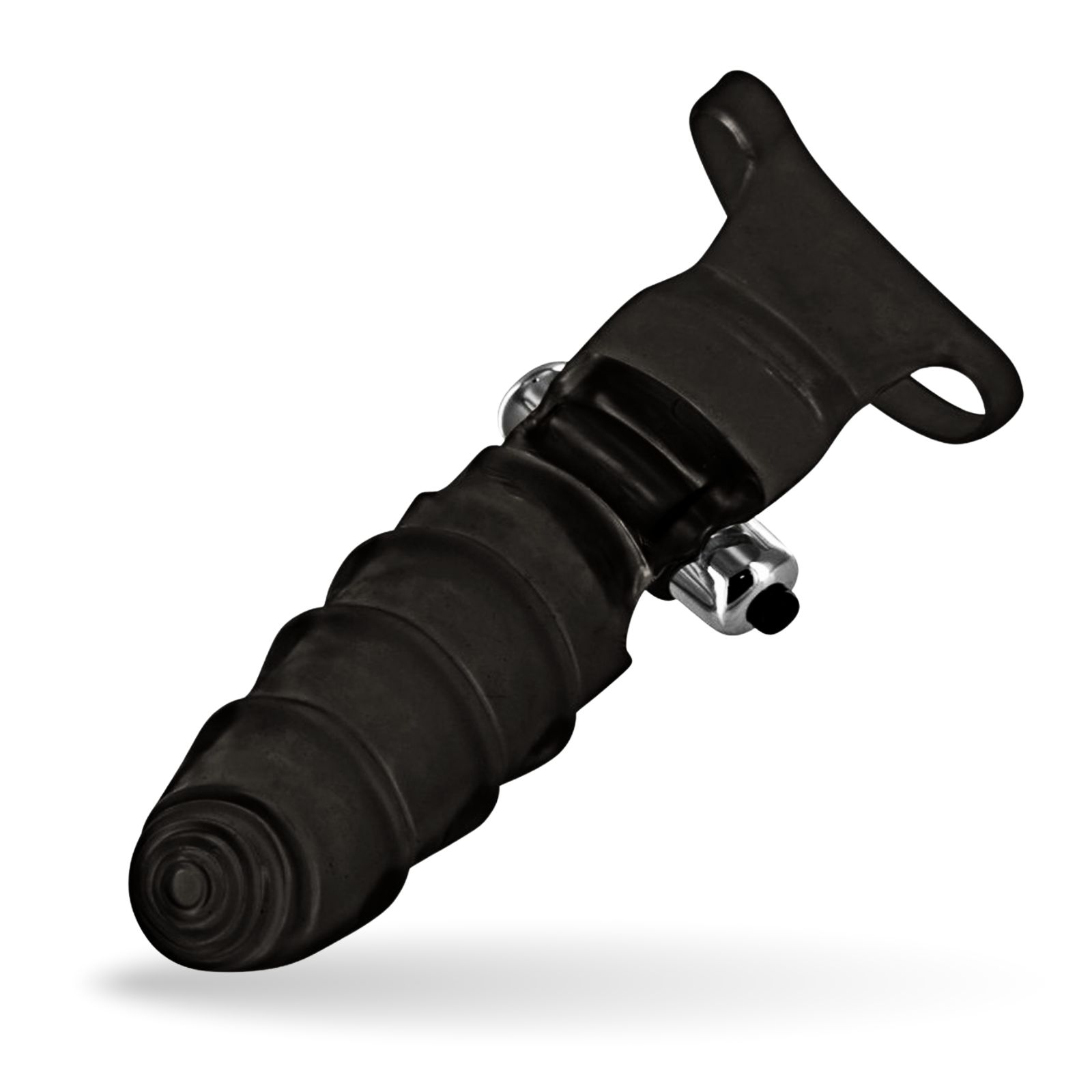 Vibrateur de doigt noir en silicone. Surface cannelée, détails métalliques. Sur fond blanc.