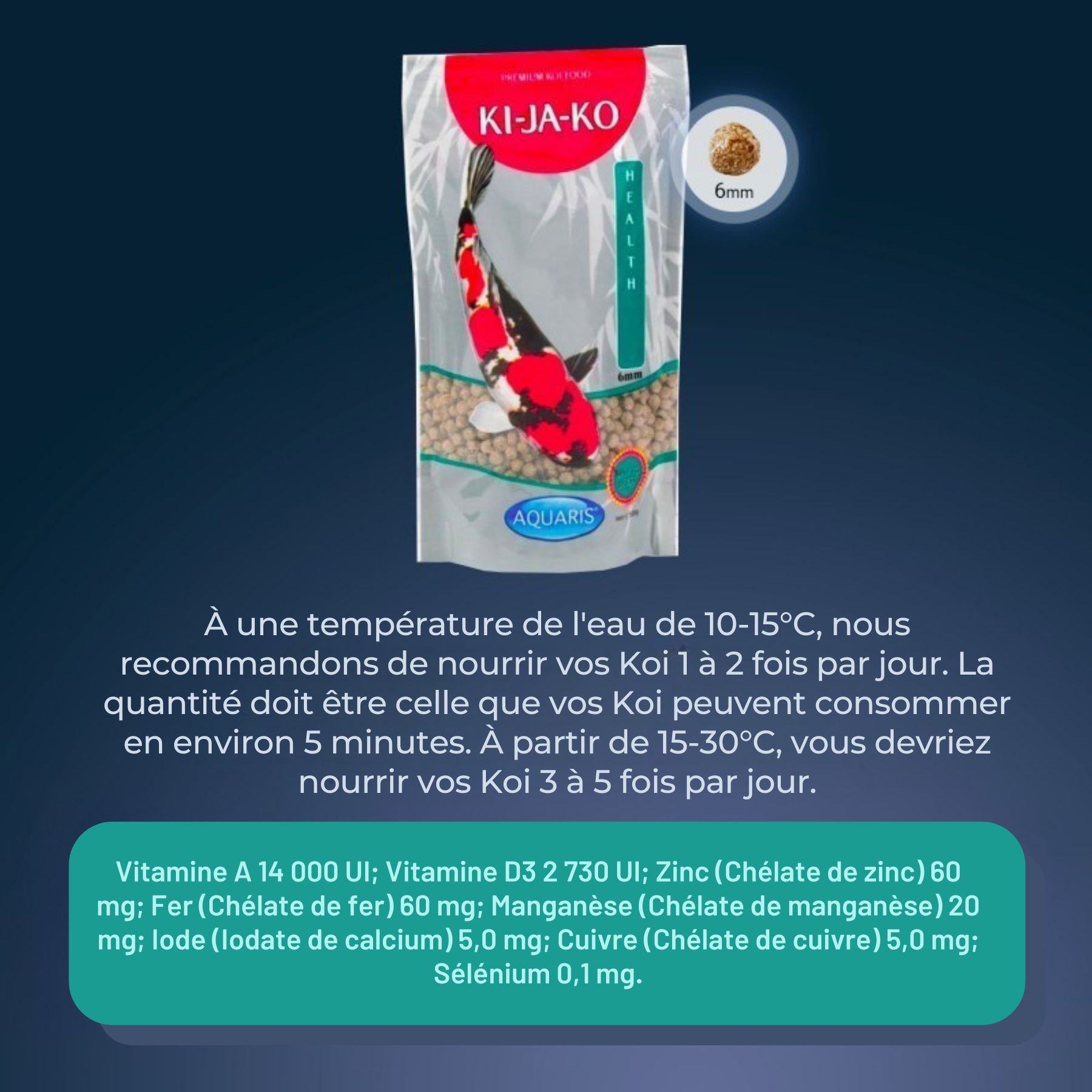 Emballage de nourriture pour carpes koï. Texte : KI-JA-KO, Health, 6mm. Ingrédients et recommandations d'alimentation.