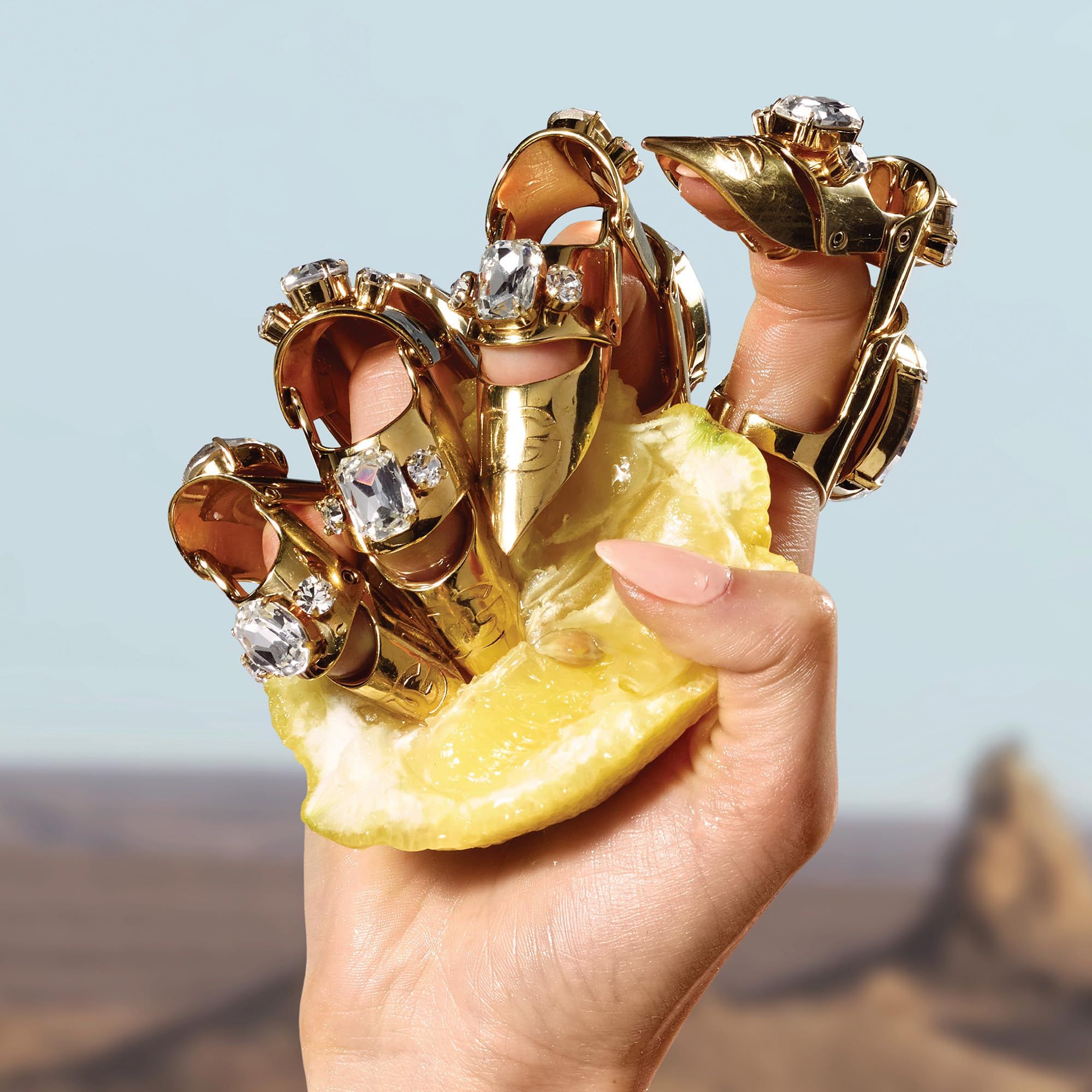 Hand die een citroen vasthoudt met gouden ringen met edelstenen. Achtergrond: landschap.