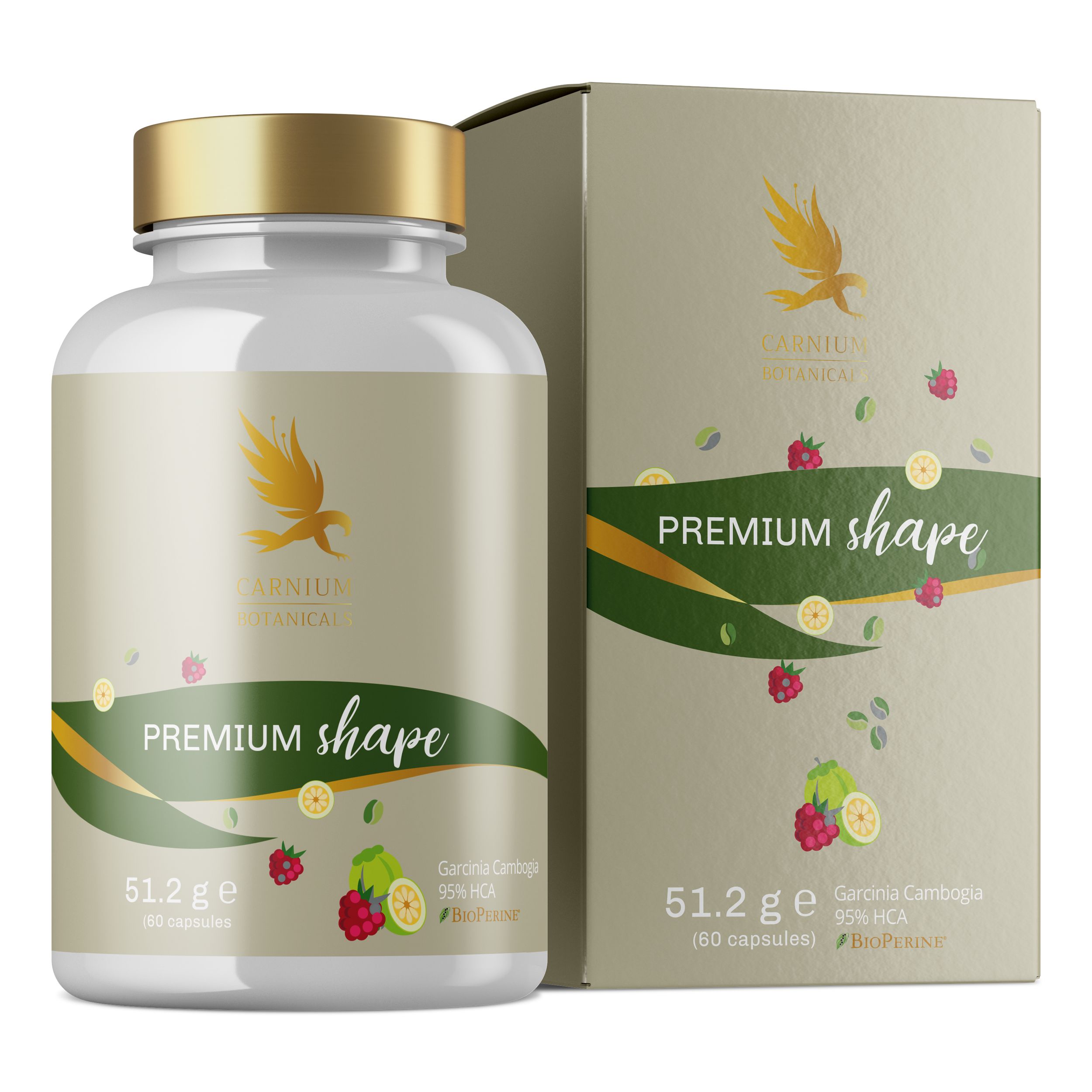 Witte fles met gouden dop en etiket "Premium Shape". Bijpassende doos. Bevat 60 capsules.
