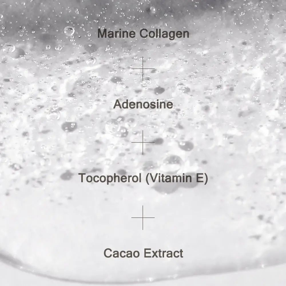 Gezicht met tekst: Hydraterend, Gladmakend, Huidverstevigend, Liftend, Anti-aging. Vocht op de huid.