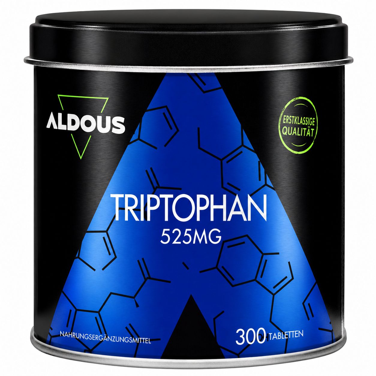 Aldous Tryptophane 525mg, 300 comprimés dans une boîte noire avec motif chimique bleu.