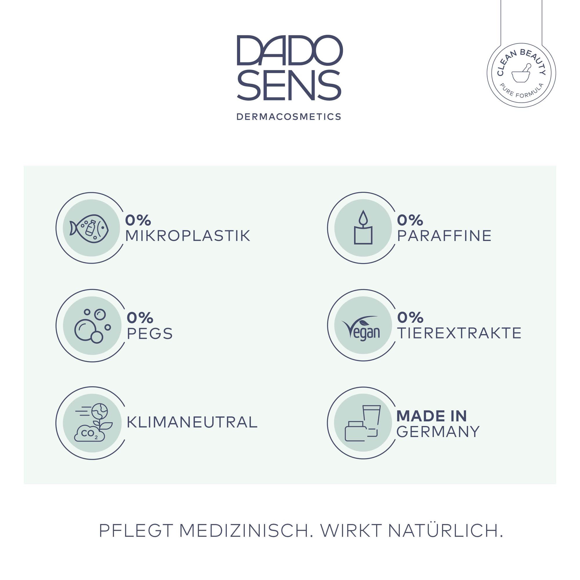 DADO SENS productinformatie: Vrij van microplastics, paraffines, PEGs, dierlijke extracten. Klimaatneutraal. Gemaakt in Duitsland.