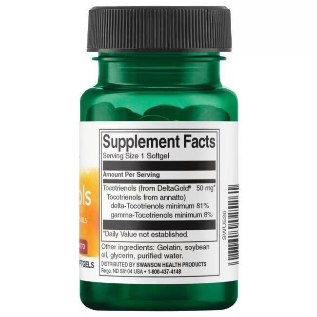 Dos du flacon vert. Étiquette avec informations nutritionnelles: Tocotriénols, 50 mg, ingrédients, Swanson Health Products.