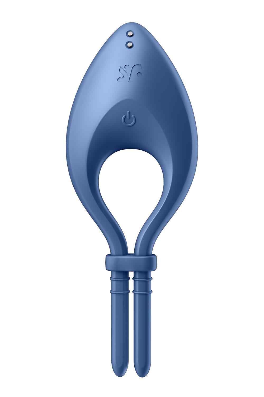 Vibrateur annulaire bleu avec deux stimulateurs et un bouton d'alimentation.