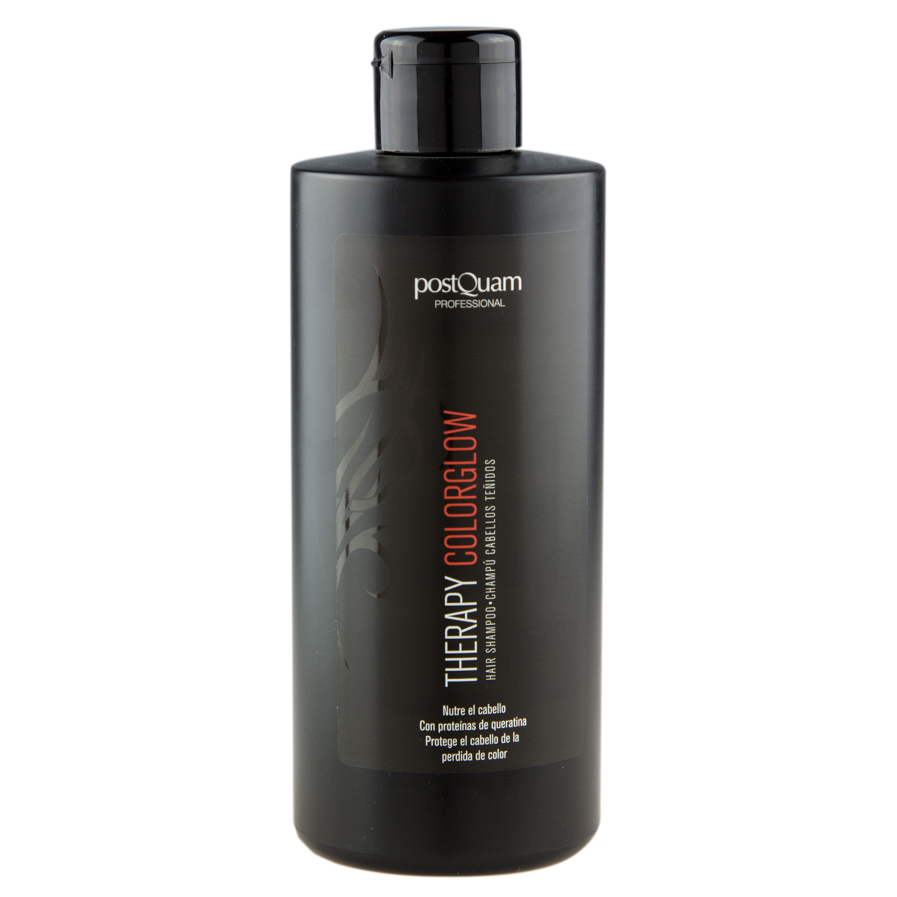 Zwarte shampoo fles met zwarte dop. Opschrift: Therapy Color Glow, PostQuam. Tekst in rood en wit. Voor gekleurd haar.