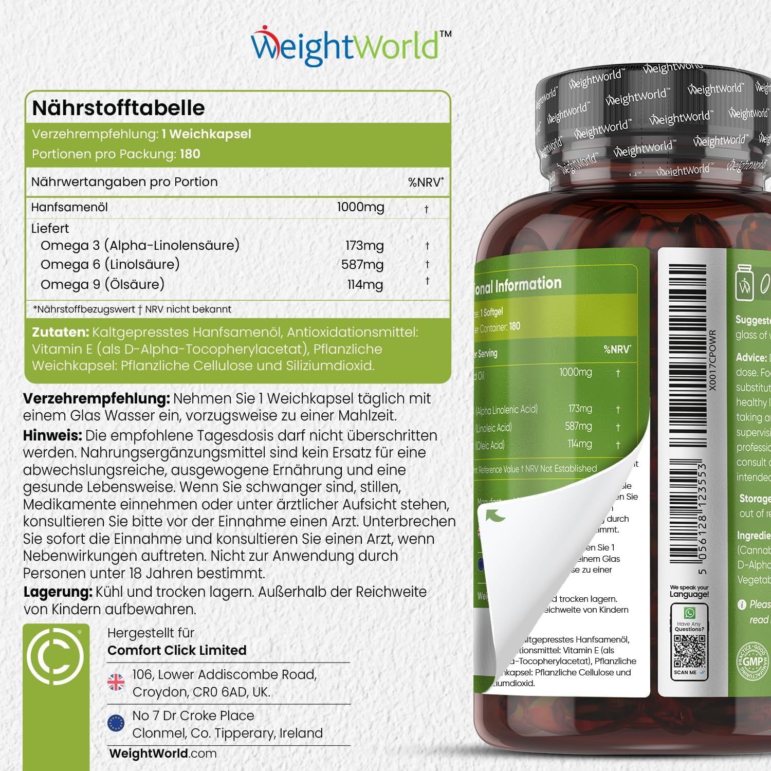 Bouteille de WeightWorld Huile de Chanvre (Vegan) avec étiquette indiquant 180 gélules molles et 1000mg.