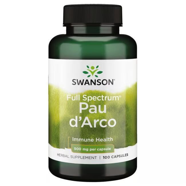 Flacon vert avec étiquette blanche. Inscription: SWANSON, Pau d'Arco, 500 mg par capsule. 100 capsules.
