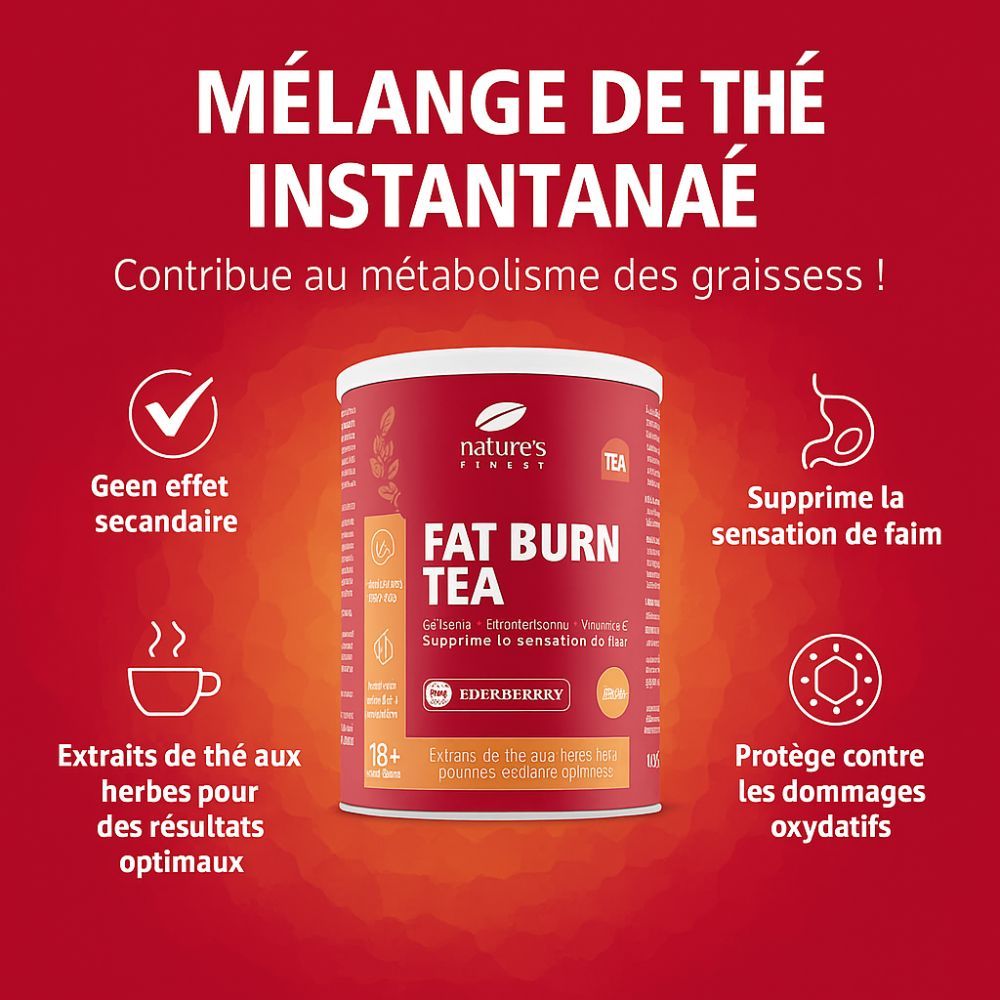 Boîte rouge "FAT BURN TEA" avec texte. Contient guarana, sureau, vitamine C. 120g. 24 portions. Texte en français.