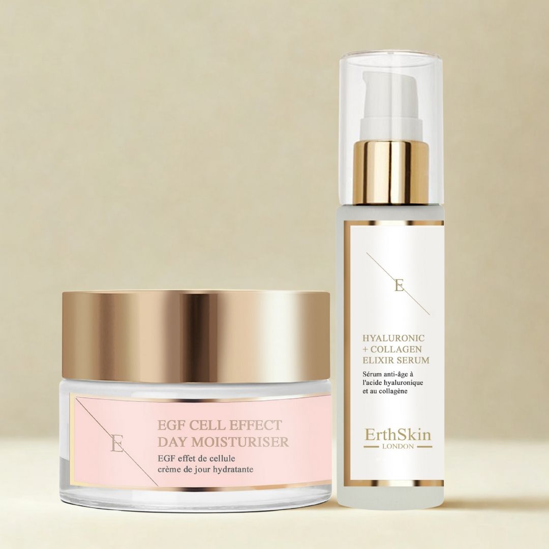 Crème hydratante de jour et sérum collagène à l'acide hyaluronique ErthSkin. Produits sur fond clair.