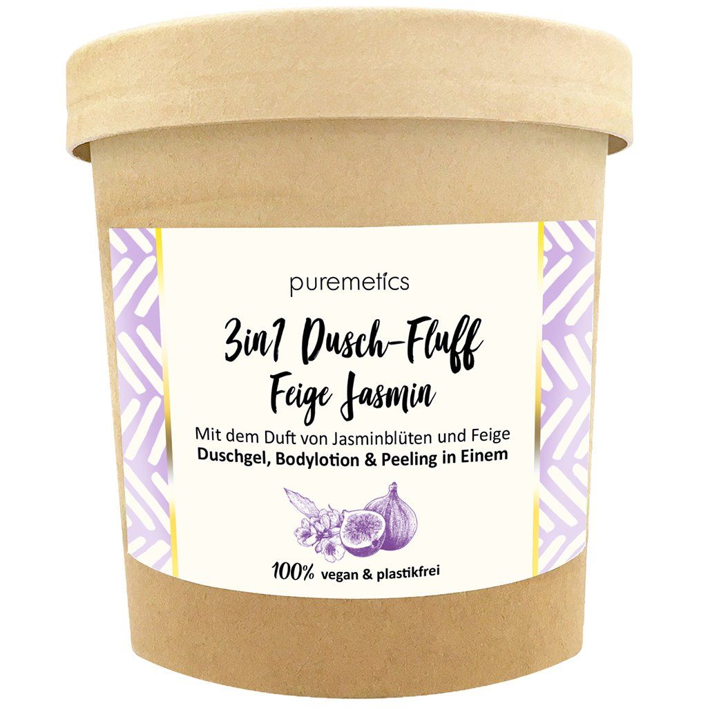 Pot avec étiquette produit. Inscription: 3in1 Dusch-Fluff Feige Jasmin. Avec illustrations de figue et fleurs de jasmin. 100% vegan & sans plastique.