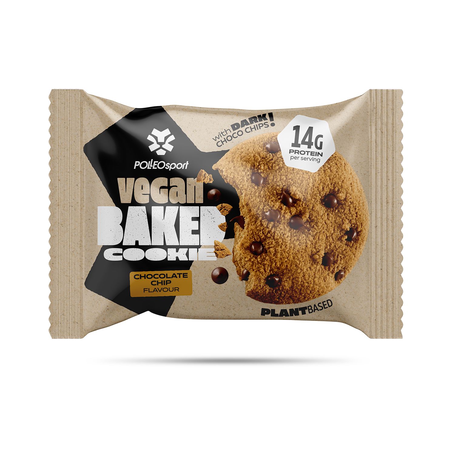 Cookie végétalien emballé avec des pépites de chocolat, 14g de protéines par portion.