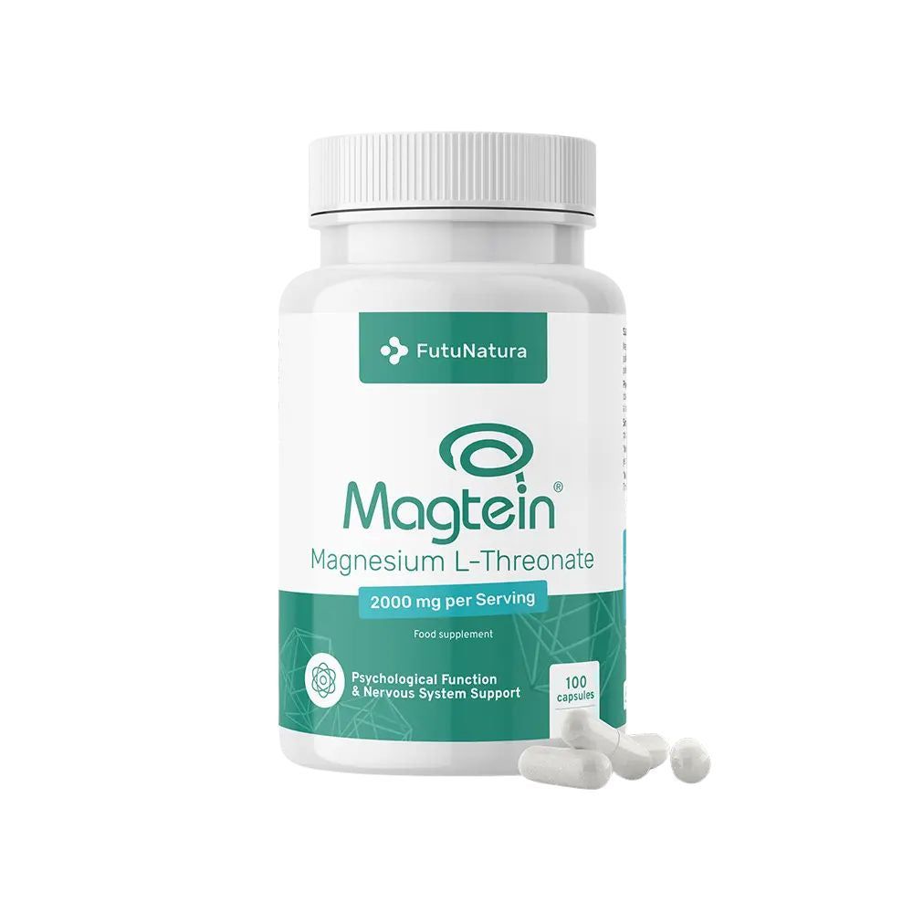 Bouteille FutuNatura Magnésium L-Thréonate Magtein® 2000 mg, 100 gélules. Gélules à côté.