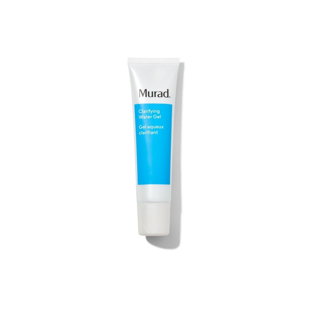 Witte tube met blauwe streep. Opschrift: Murad Clarifying Water Gel. Op witte achtergrond.