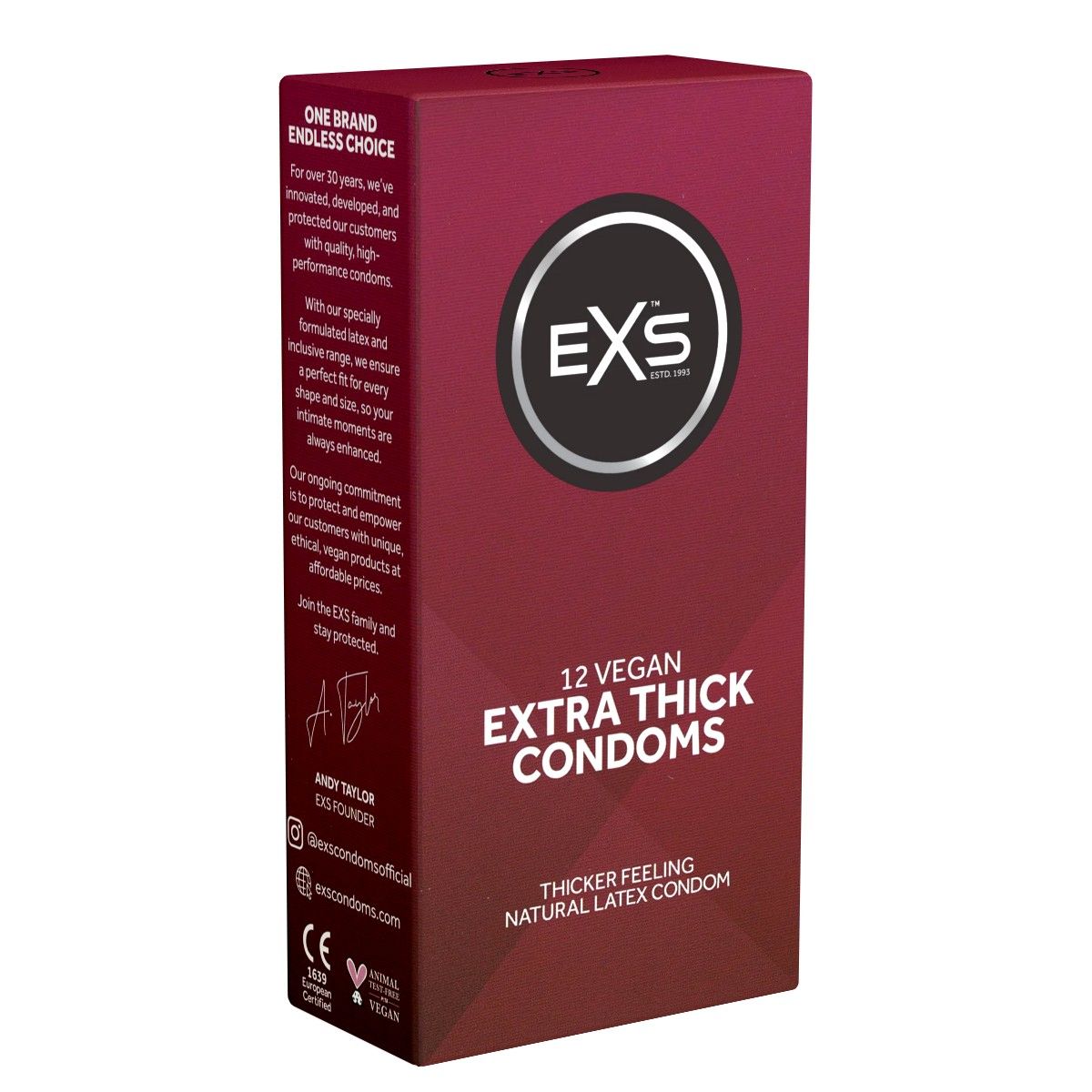 Verpakking voor 12 EXS Extra Thick vegan condomen van natuurlijke latex.