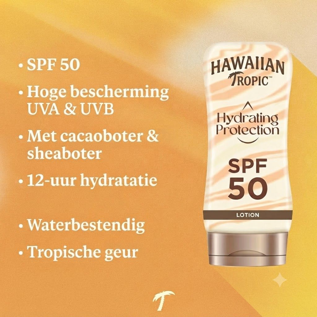Hawaiian Tropic zonnebrandlotion SPF 50 met cacaoboter en sheaboter, 12 uur hydratatie, waterbestendig.