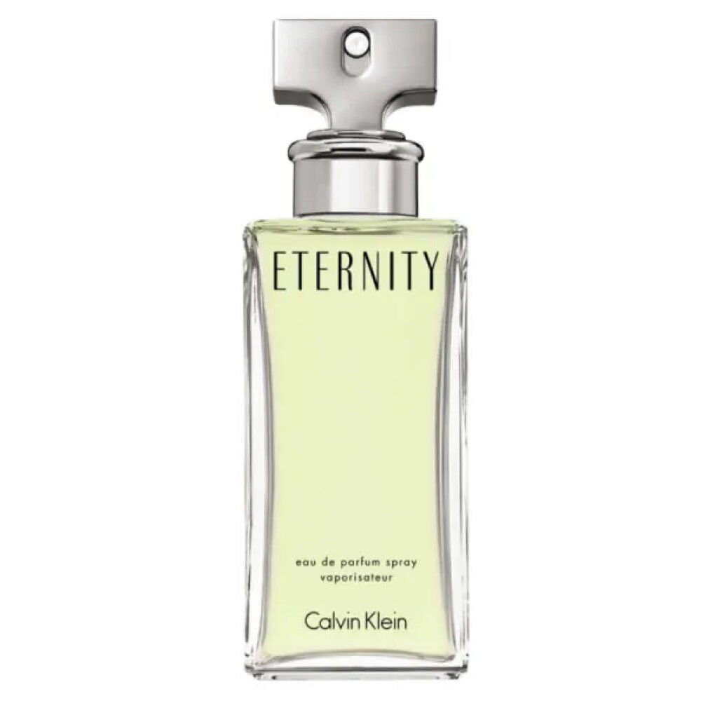Flacon rectangulaire avec bouchon argenté. Inscription 'Eternity' et 'Calvin Klein'.