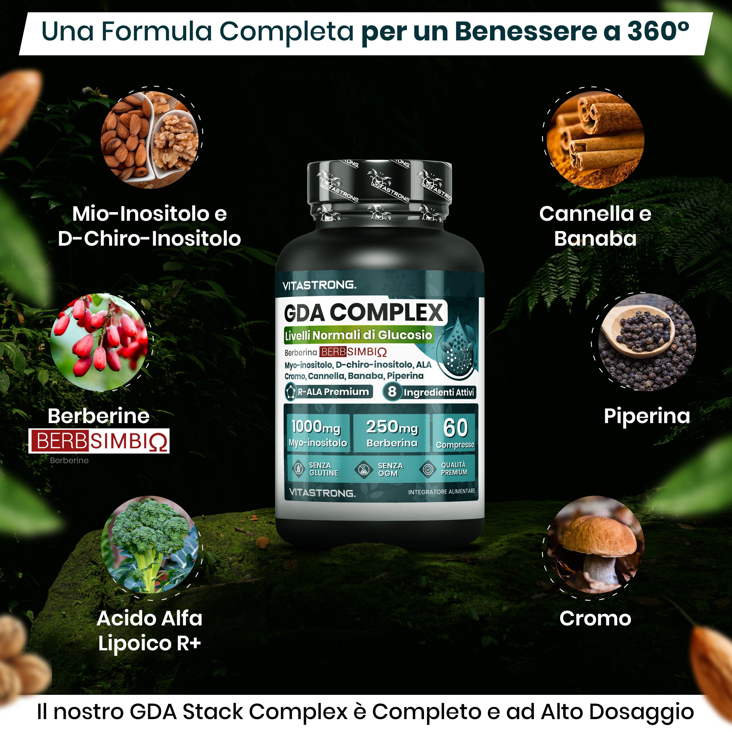 Vitastrong GDA Complex, 60 comprimés. Emballage avec ingrédients: Myo-Inositol, D-Chiro-Inositol, Cannelle, Banaba, Pipérine, Chrome.