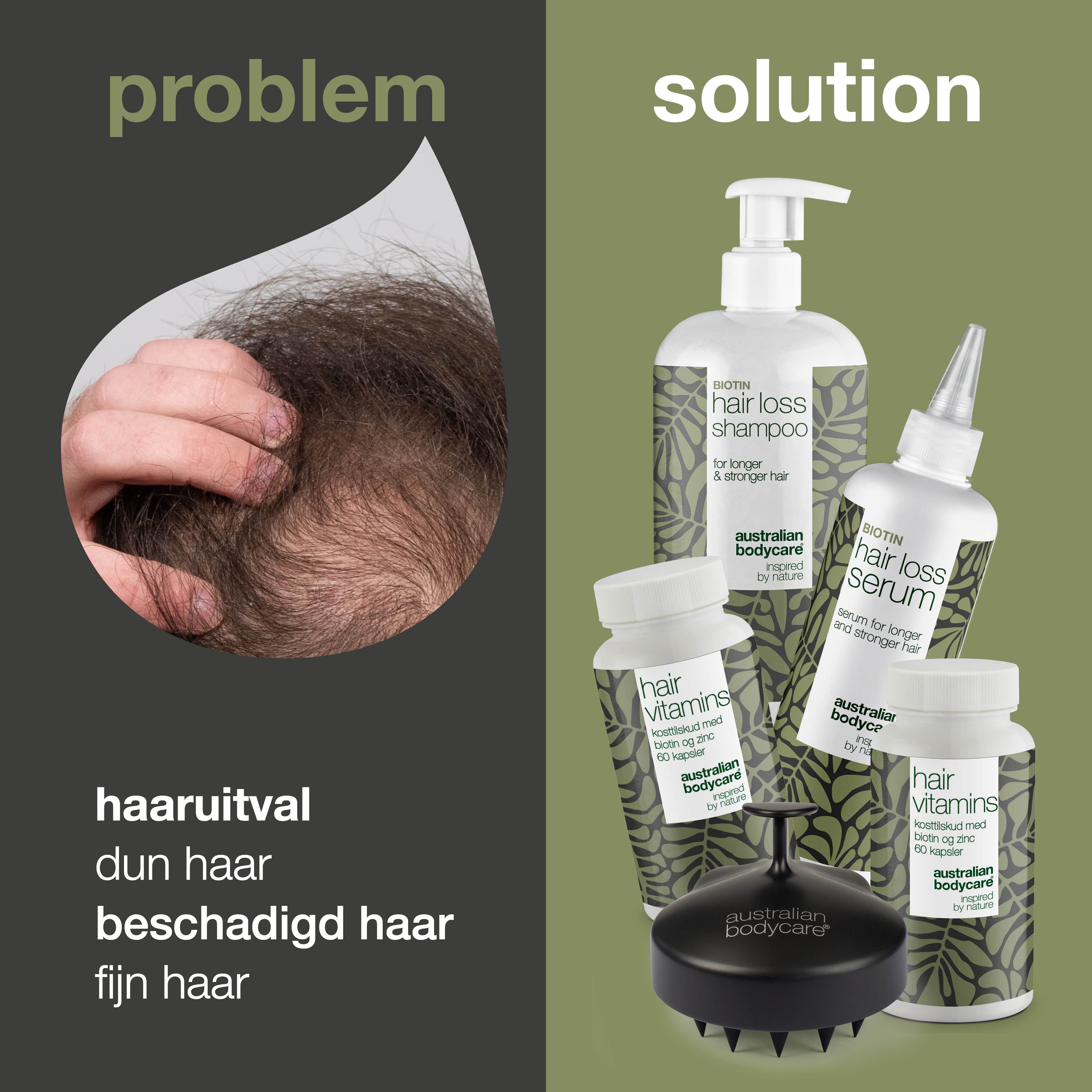 Probleem en oplossing. Haaruitval, dun haar, fijn haar. Producten: Shampoo, serum, capsules, borstel.