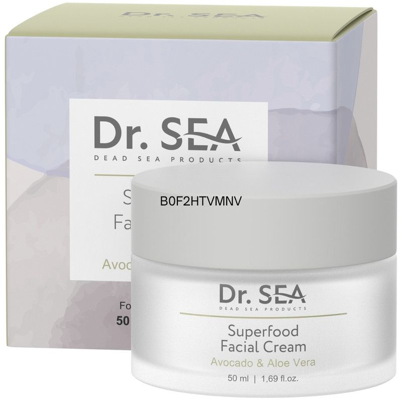 Pot de crème et emballage. Inscription : Dr. SEA, Superfood Facial Cream, Avocado & Aloe Vera.