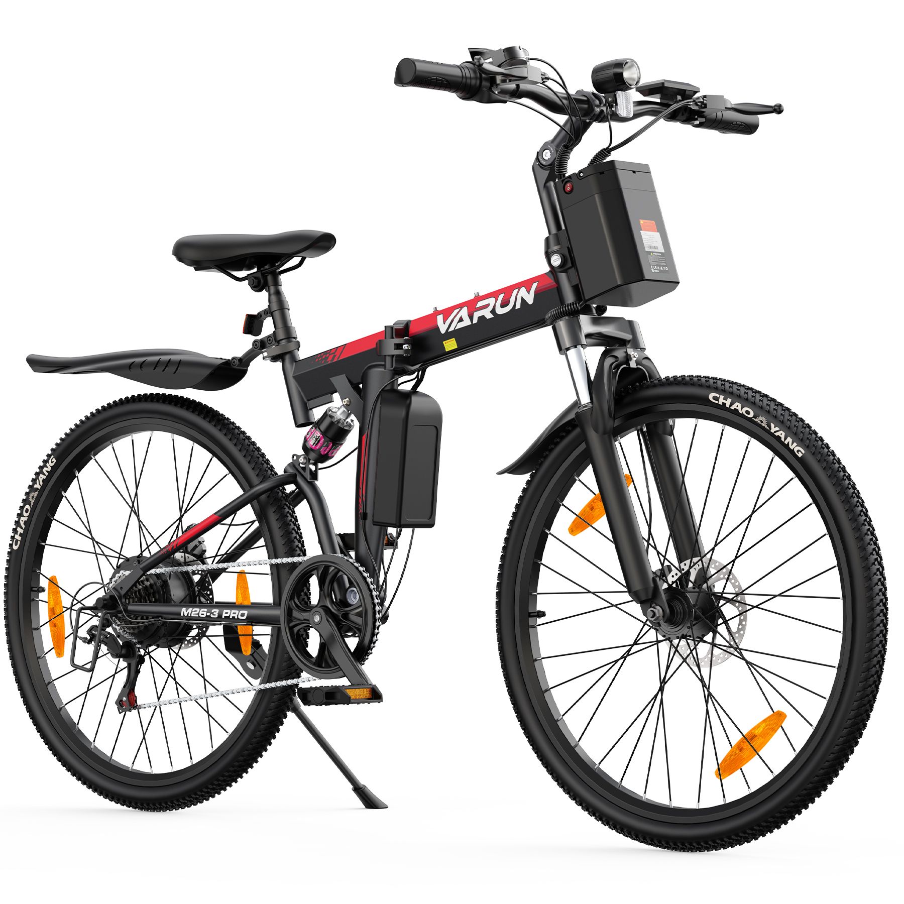 Vélo électrique noir avec détails rouges. Logo VARUN visible. Suspension intégrale, freins à disque. Accessoires.