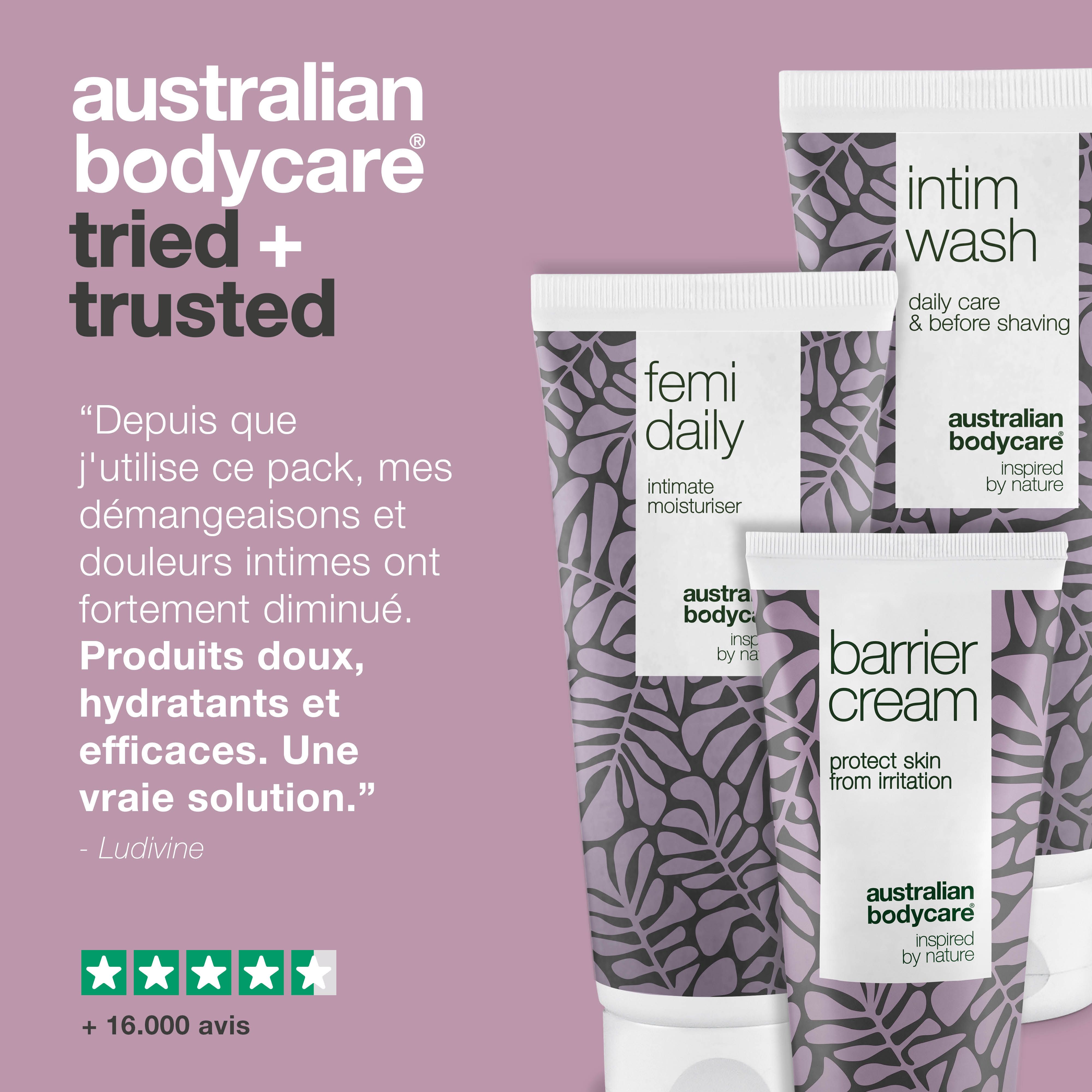 Trois tubes : Intim Wash, Femi Daily, Barrier Cream. Texte : Témoignage. Marque : Australian Bodycare.