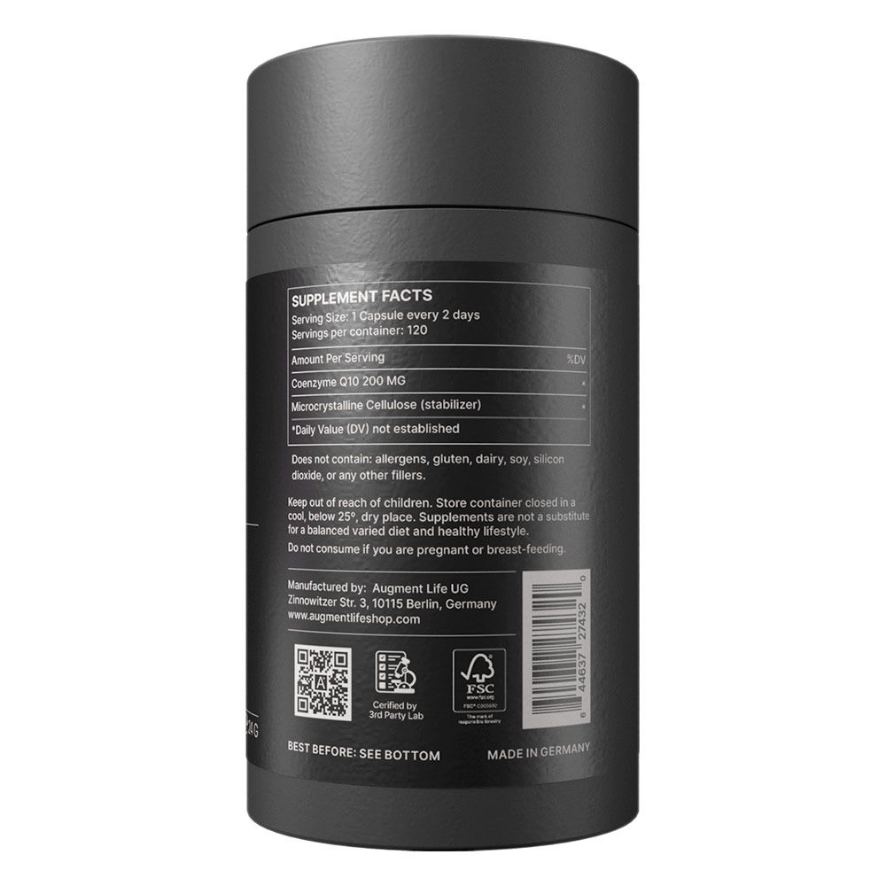 Zwarte fles met voedingsfeiten, Co-enzym Q10 200 MG, FSC-keurmerk en Made in Germany opschrift.