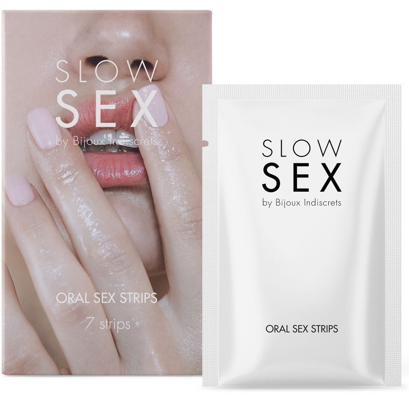 Emballage du produit et emballage individuel. Texte: SLOW SEX, ORAL SEX STRIPS. Marque: Bijoux Indiscrets. 7 bandes.
