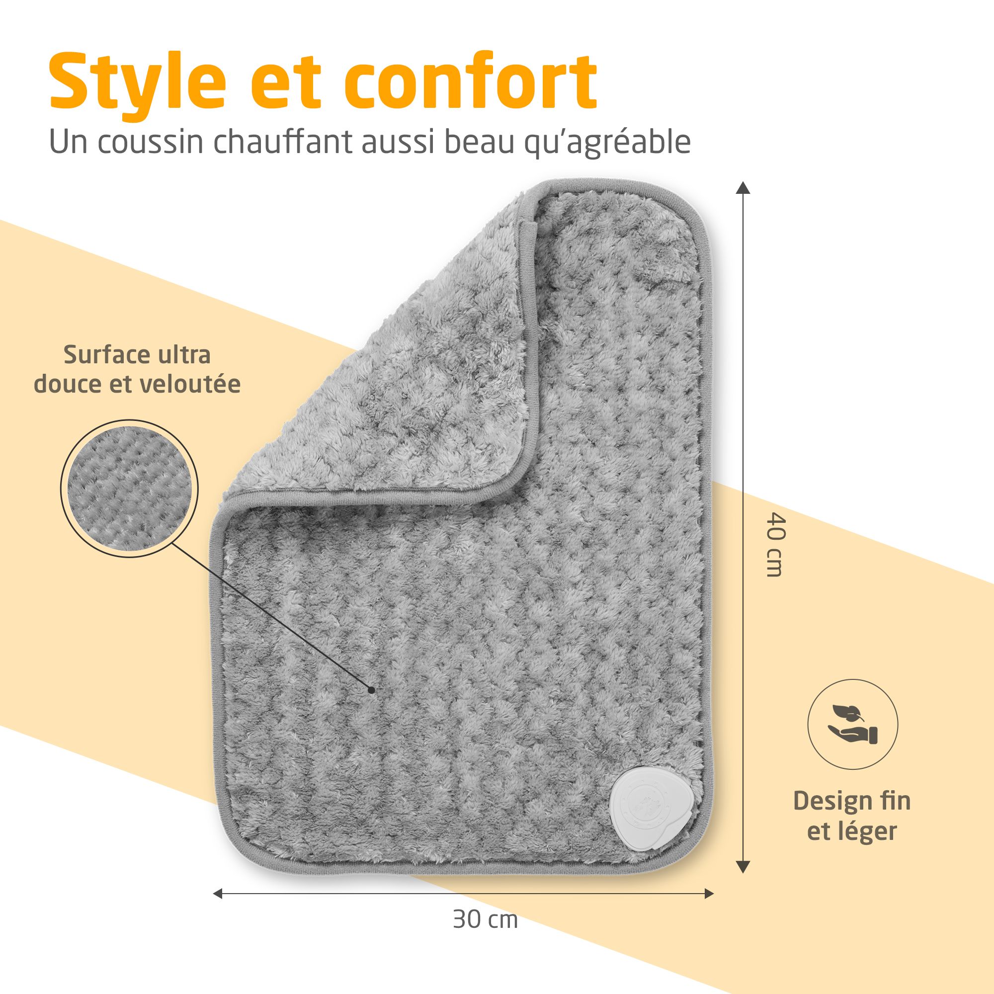 Coussin chauffant gris clair. Panneau de commande amovible, lavable à 30°. Certifié Oeko-Tex Standard 100. Polaire corail facile.