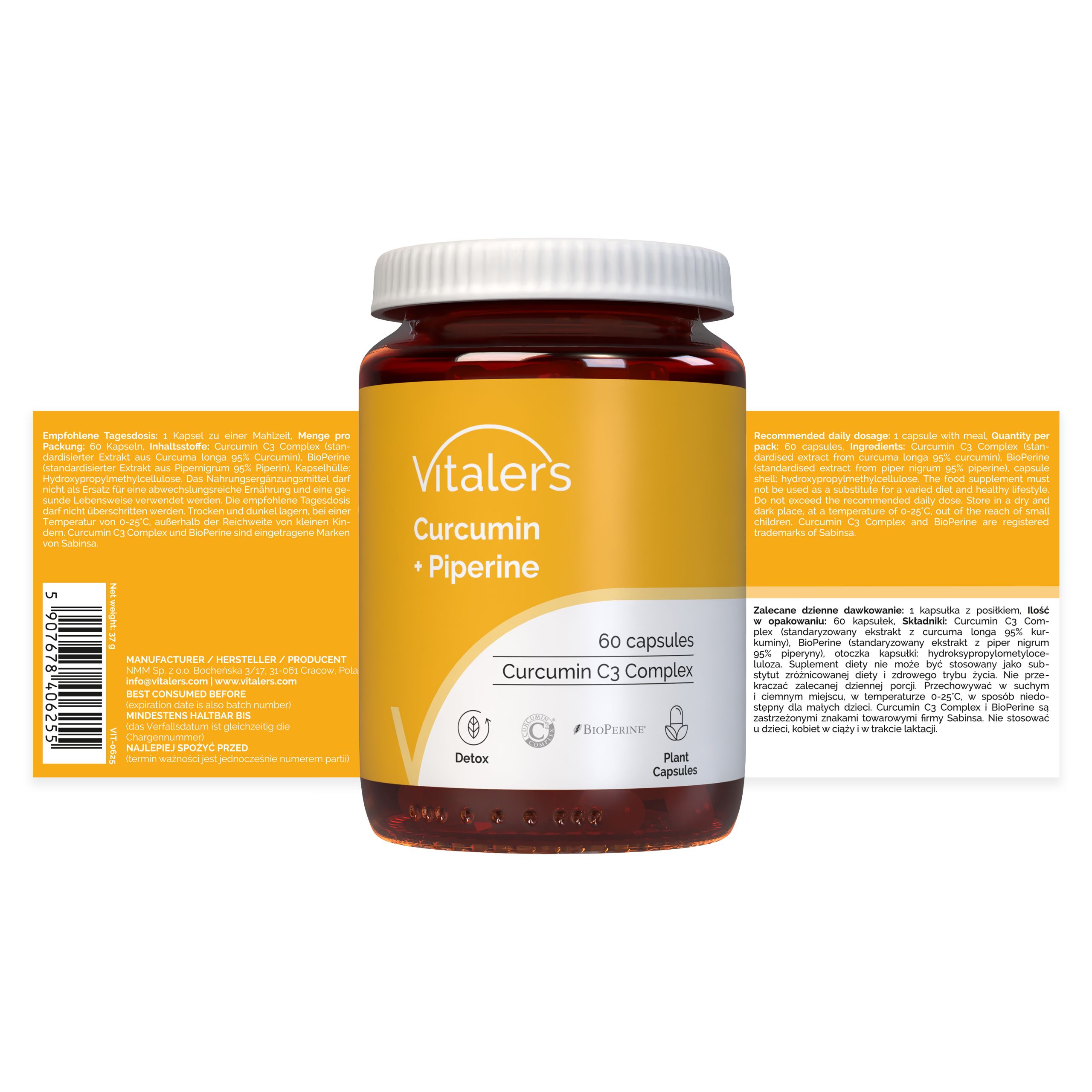 Vitaler's Curcumin + Piperine capsulefles en verpakking. 60 capsules. Voedingssupplement.