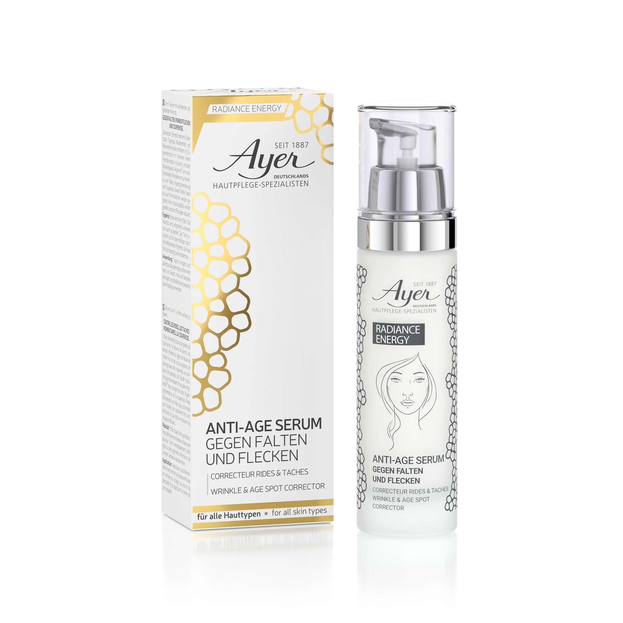 Ayer anti-age serum met pompflacon en verpakking. Tekst: Radiance Energy, tegen rimpels en vlekken.