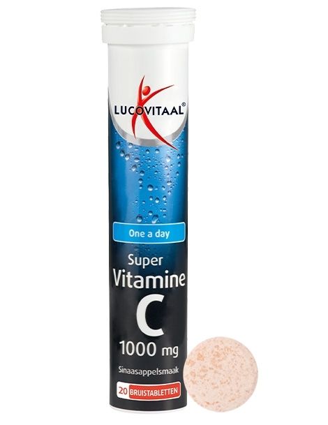 Cilindrische verpakking 'Lucovitaal Super Vitamine C' met een bruistablet ernaast. Blauwe en witte kleurstelling.