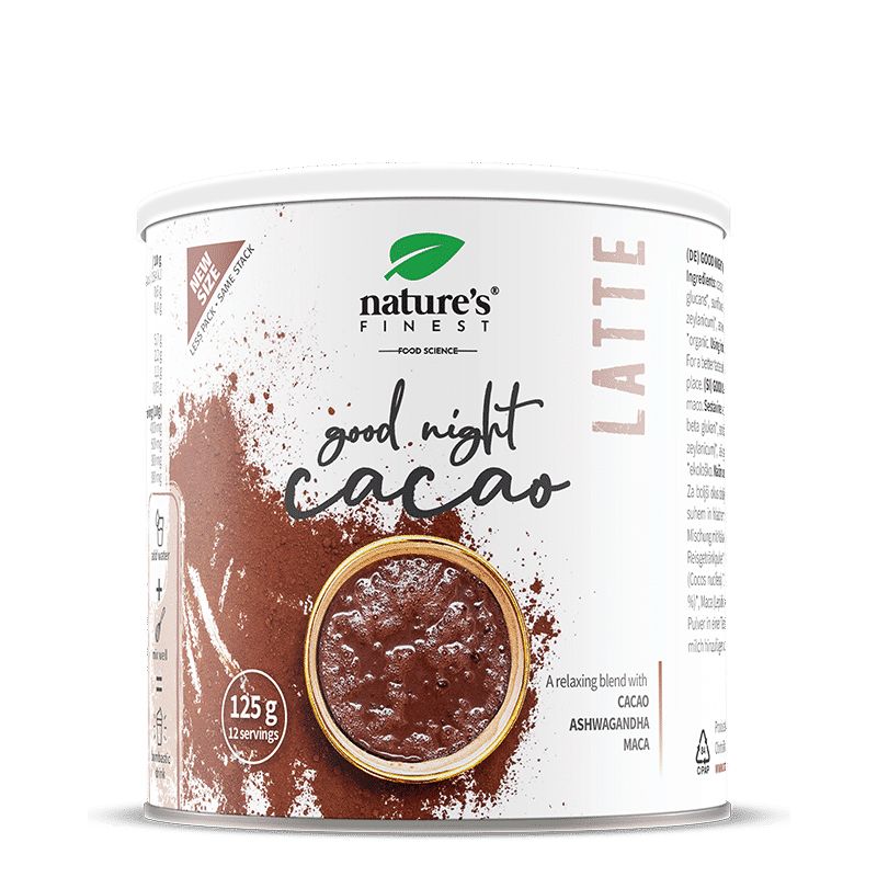 Boîte de Nature's Finest Good Night Cacao Latte, 125g de poudre. Contient Ashwagandha et Maca.